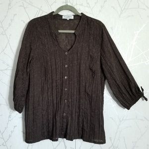 Michel Antoni Brown Sheer Burnout Crinkle Button Up Blouse 3/4 Sleeves